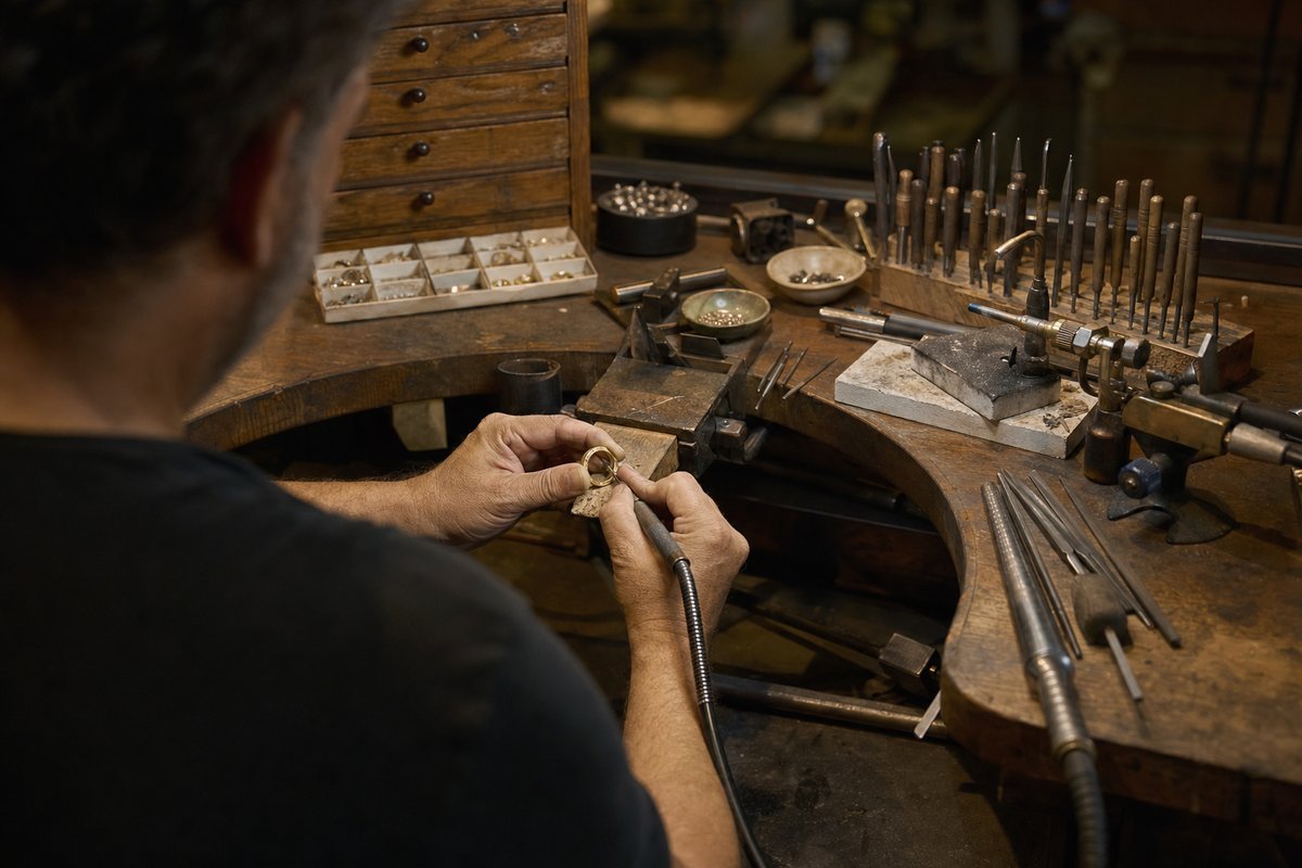 A jeweller at his bench, working on a gold ring with his tools around him