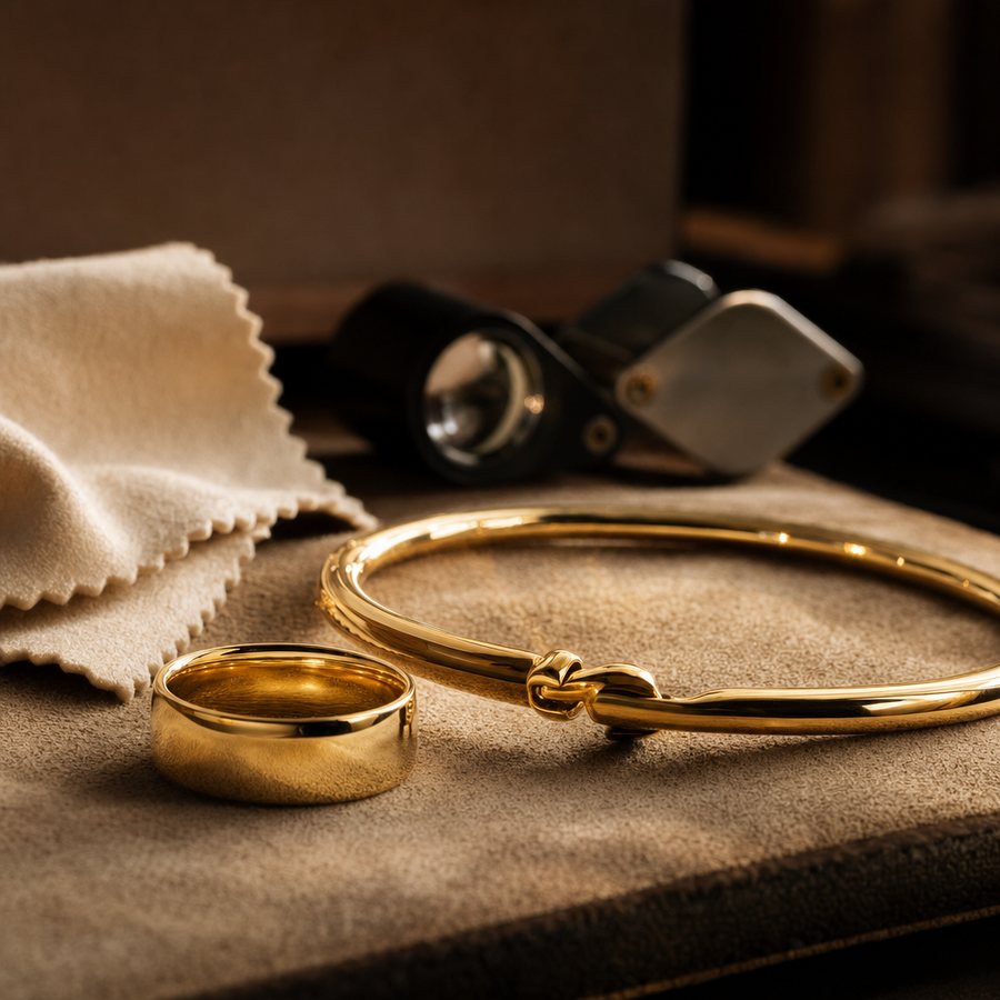 A polished gold ring and bracelet resting on cream suede