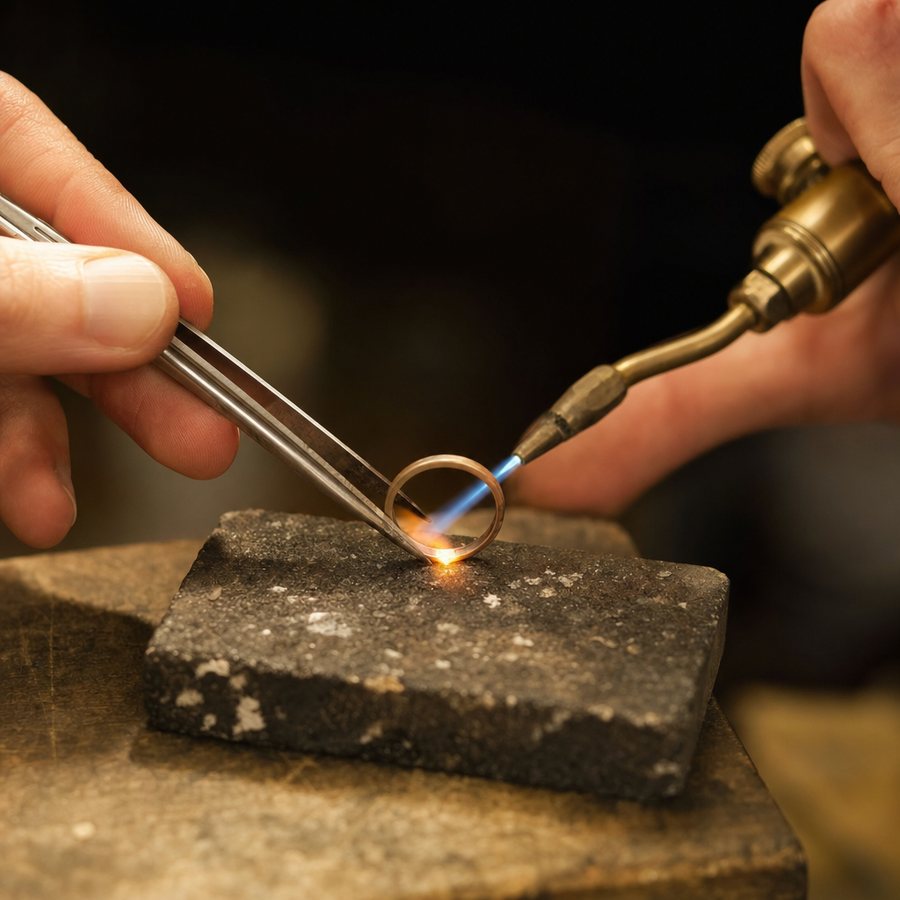 Soldering the shank of a gold ring at the jeweller's bench