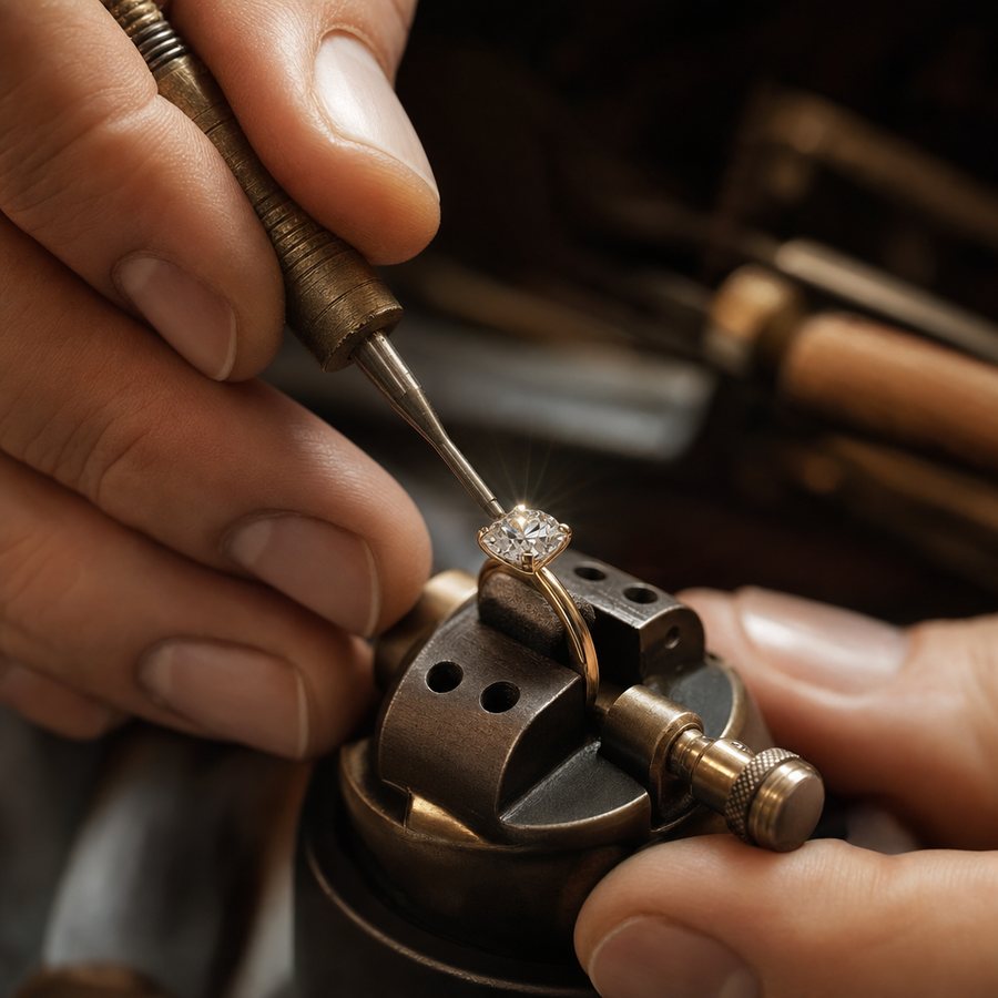 Tightening the prongs on a diamond ring with a setting tool